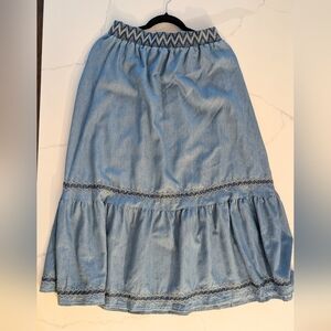 Lapis Blue Midi Chambray Skirt with Smocked Ruffles
